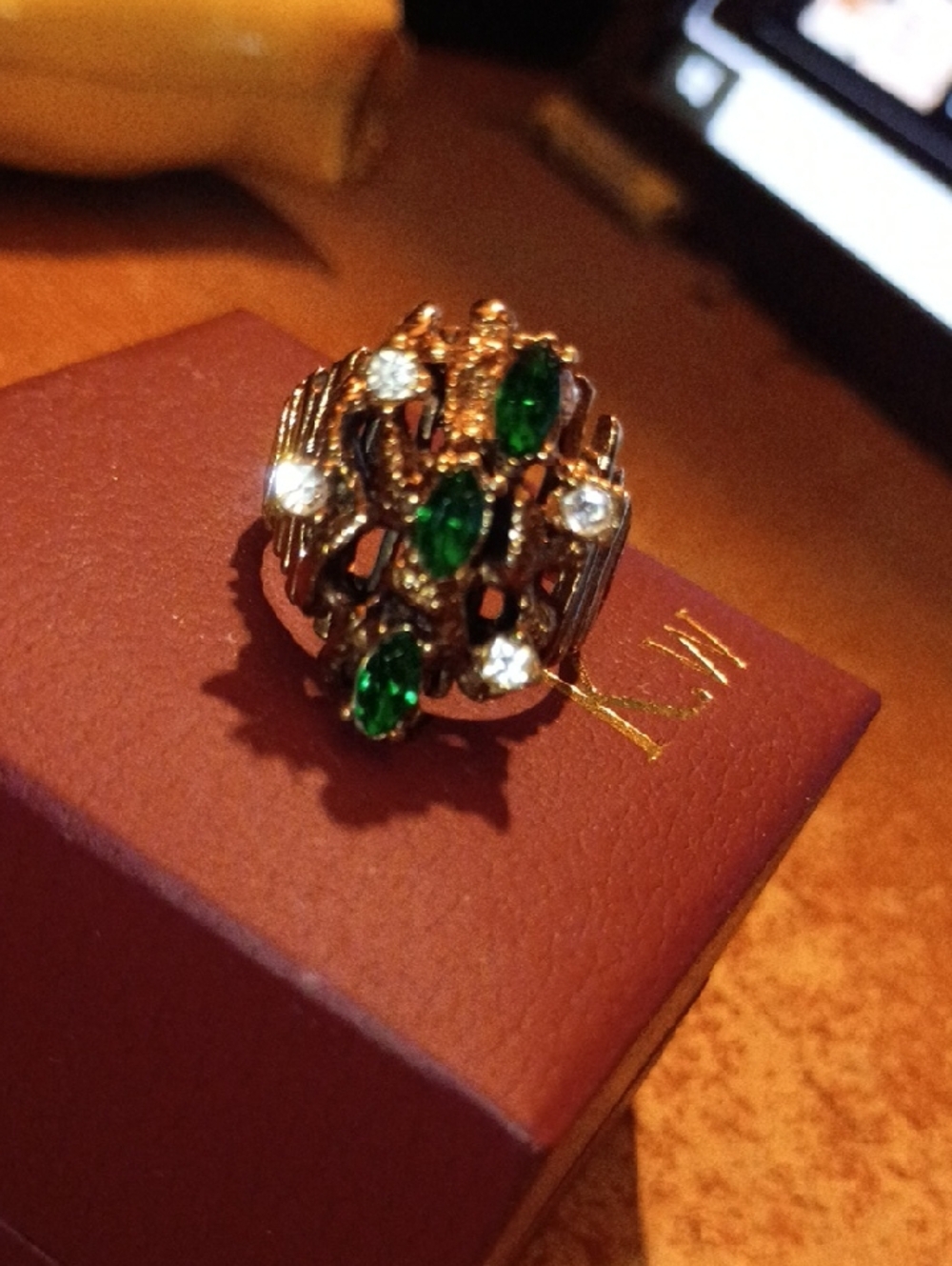 Goldtone Ring With Green And Clear Crystals Size 8